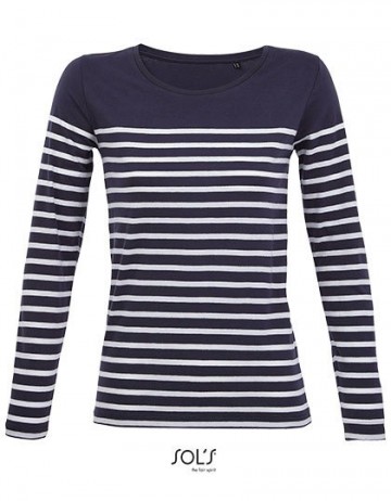 03100 Sol's Dames Striped T-shirt LS  marineblauw / wit