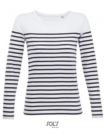 03100  Sol's Dames Striped T-shirt LS wit / marineblauw
