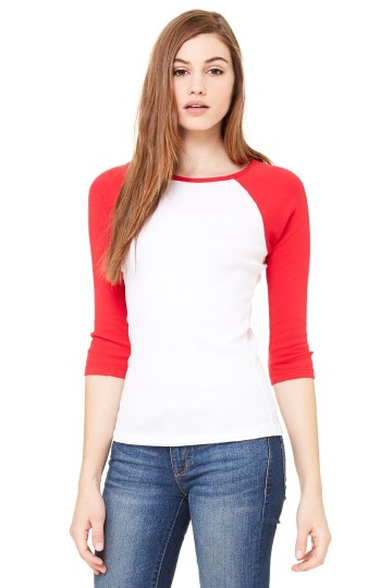2000 B+C Bella Baby Rib Contrast T-shirt met 3/4 mouwen wit rood