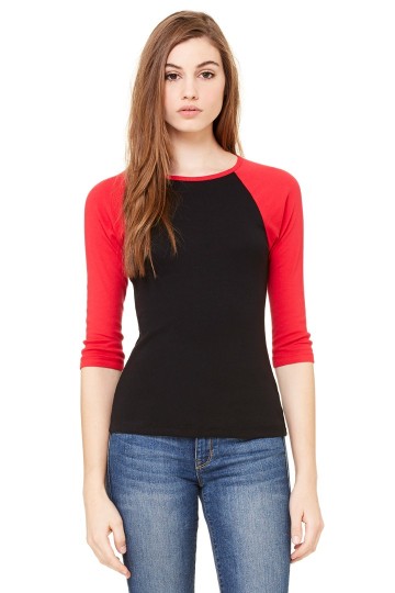 2000 B+C Bella Baby Rib Contrast T-shirt met 3/4 mouwen zwart rood