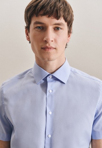 666261 Seidensticker Men's Shirt Slim Fit Poplin Fil á Fil SS lichtblauw kraag