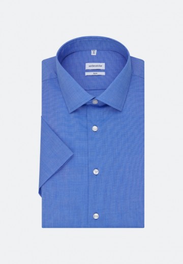 666261 Seidensticker Men's Shirt Slim Fit Poplin Fil á Fil SS midden blauw