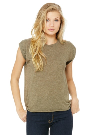 8804 B+C Flowy Rolled Cuff Muscle T-shirt olijfgroen heather