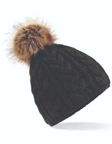 Beechfield Fur Pop Pom Cable Beanie B410 zwart