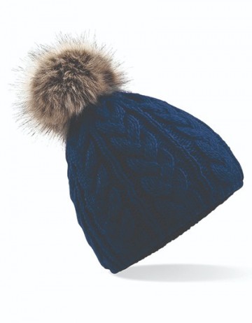 Beechfield Fur Pop Pom Cable Beanie B410 marineblauw