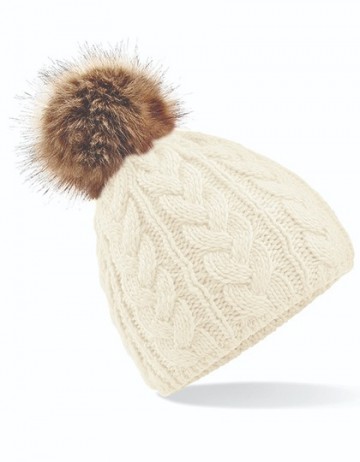 Beechfield Fur Pop Pom Cable Beanie B410 gebroken wit