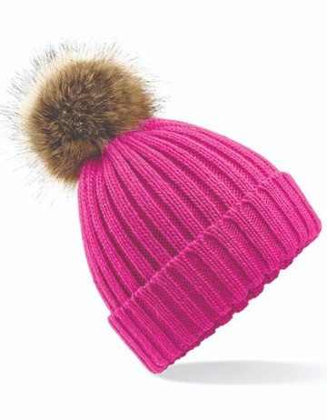 Beechfield Fur Pop Pom Chunky Beanie B412 fuchsia