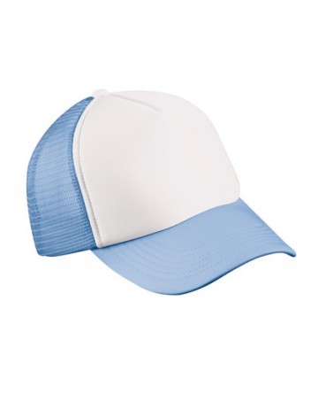 Myrtle Beach 5 panel polyester mesh cap MB070 wit lichtblauw