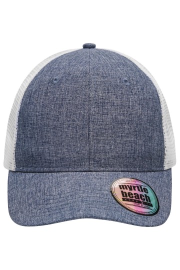 MB6244 Myrtle Beach 6 panelen mesh cap melange marineblauw melange wit