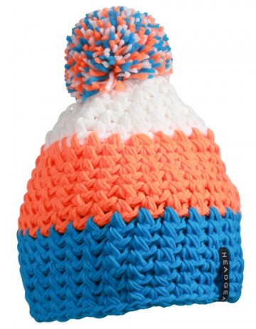 Myrtle Beach gehaakte muts met pomp MB7940 pacific blauw-neon oranje-wit
