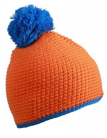 Myrtle Beach gehaakt muts met pompoen en contrast rand MB7964 oranje-waterblauw
